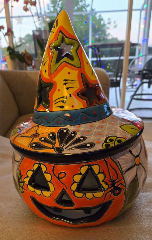 Talavera Jack-o'-Lantern | Mexican Pumpkin with Witches Hat