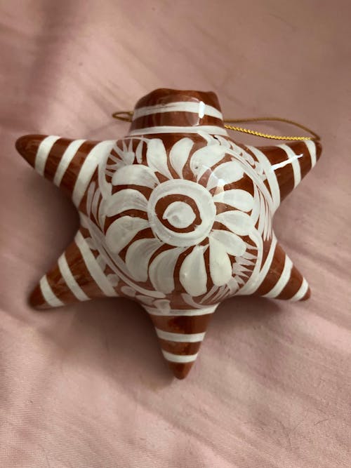 Brown & White Talavera Ornament | Star-Shaped Holiday Folk Art
