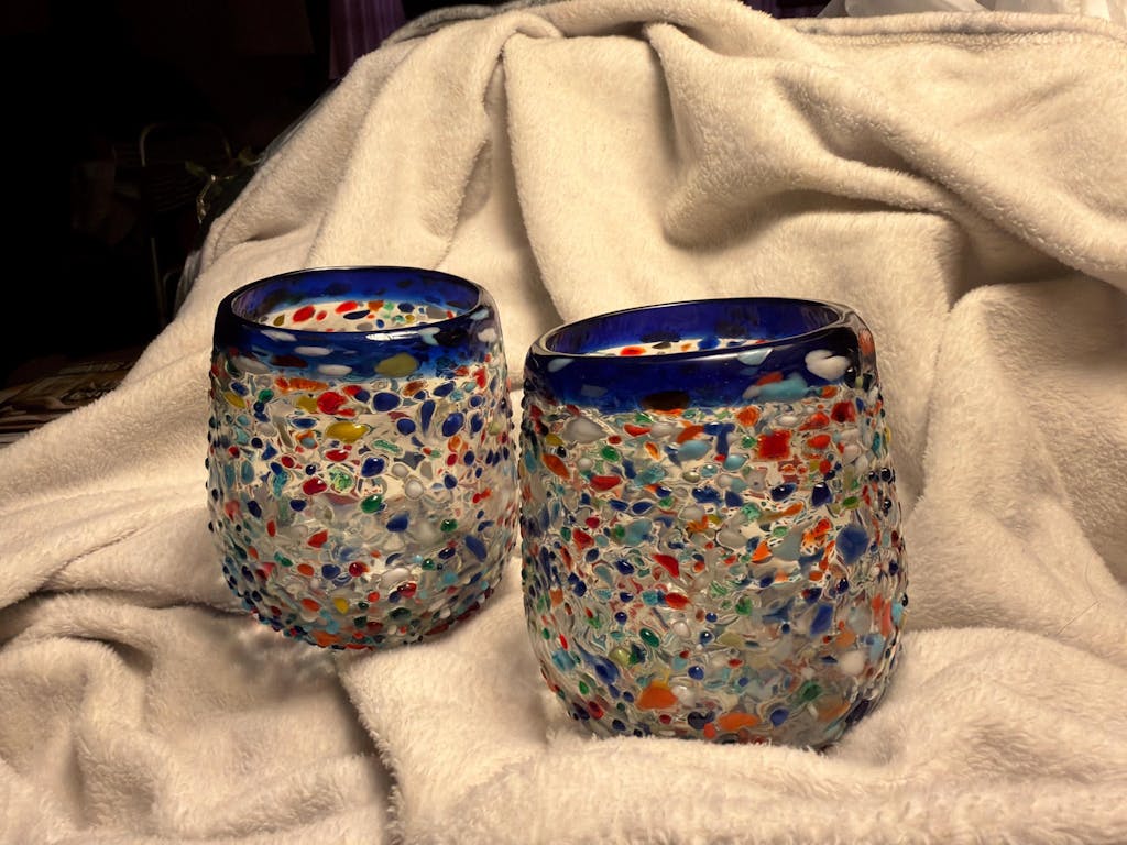 Blue Rim Confetti Wine Glass | Hand-Blown Mexican Stemless Cup