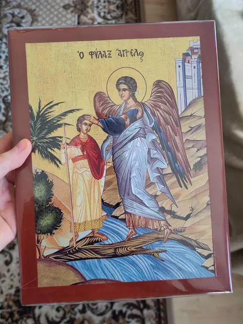 Guardian Angel icon, Handmade Greek Orthodox icon Protector Archangel, Byzantine art wall hanging on wood plaque religious icon gift