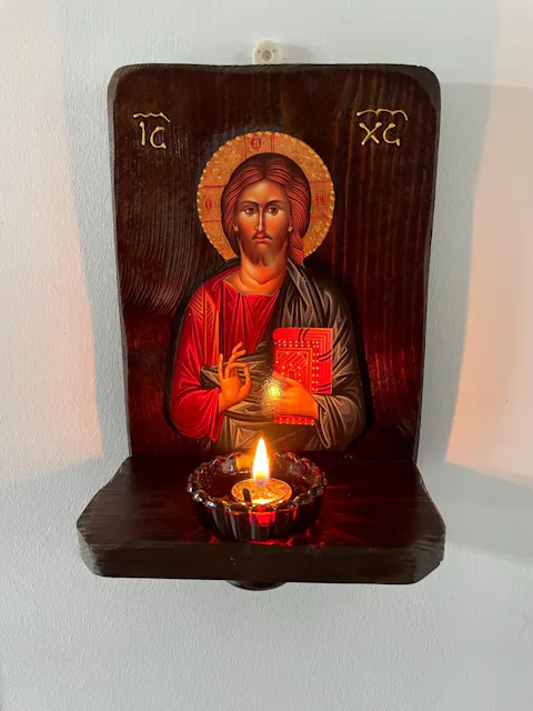 Christian Iconostasis with Jesus Christ, Handmade Mount Athos Orthodox shrine with Our Lord,Byzantine altar wall hanging wood plaque