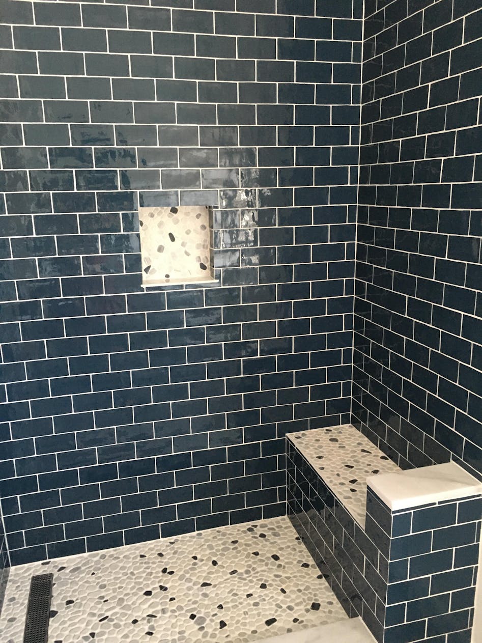 Shower with White Penny Tiles and White Grout - Transitional