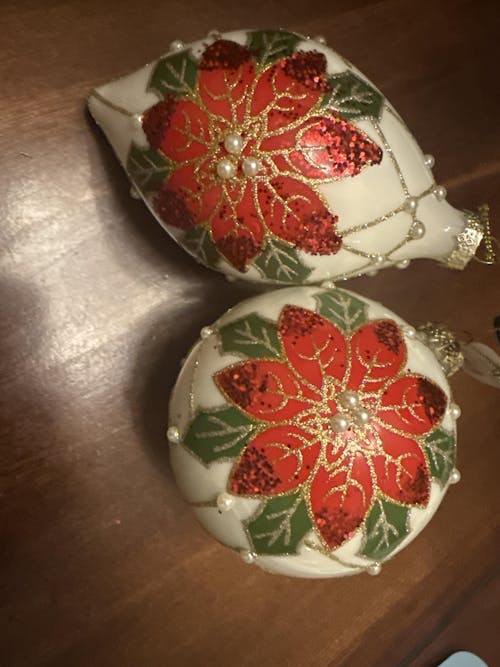 Pearl Poinsettia 4” Ball & 6” Finial Glass Christmas Ornaments by Tinsel Traditions - Set of 6