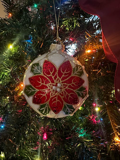 Pearl Poinsettia 4” Ball & 6” Finial Glass Christmas Ornaments by Tinsel Traditions - Set of 6