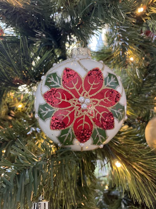 Pearl Poinsettia 4” Ball & 6” Finial Glass Christmas Ornaments by Tinsel Traditions - Set of 6