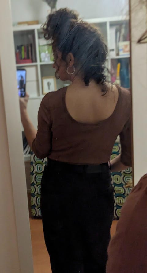 Organic boat neck jersey top in Brown