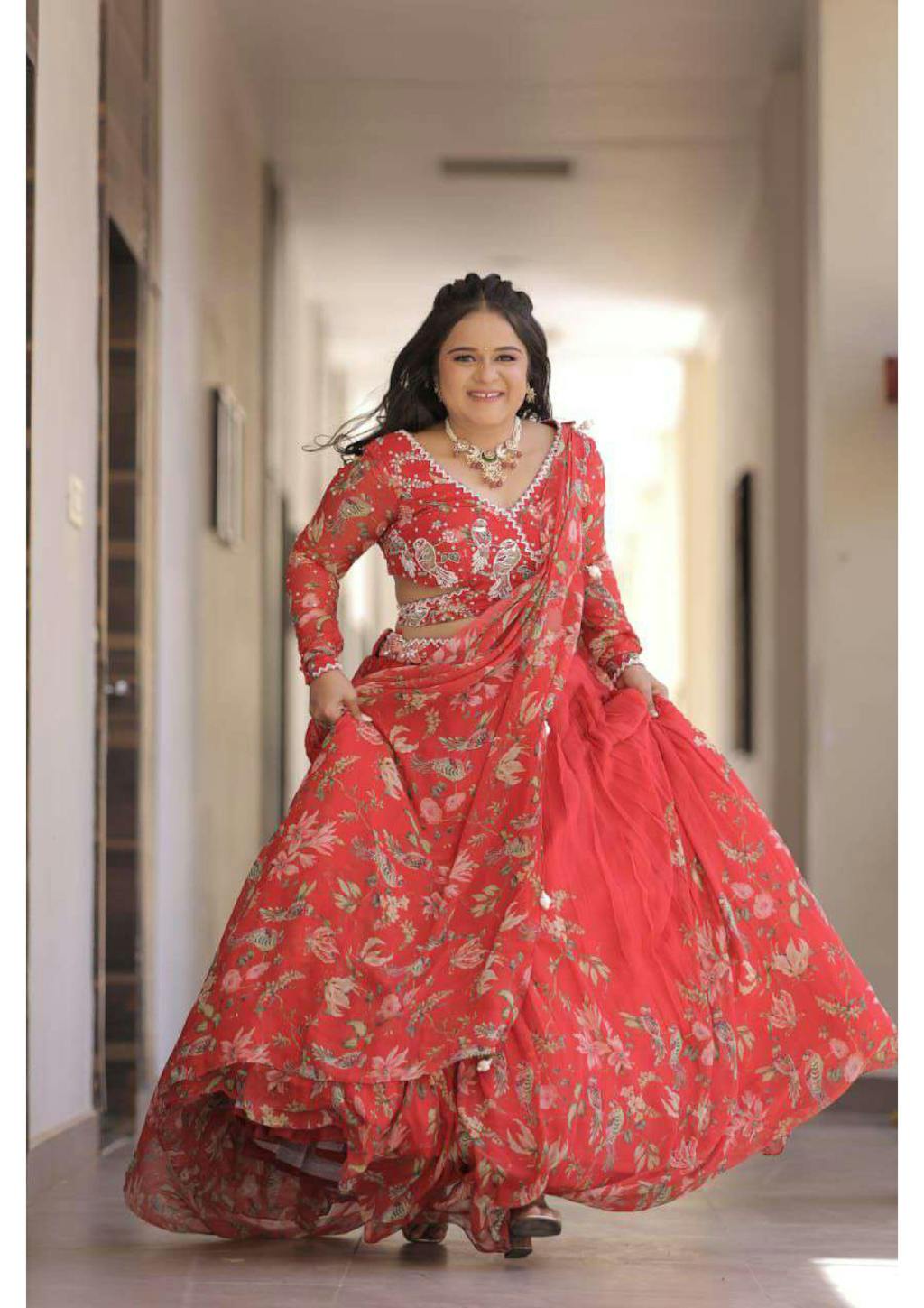 Floral Print Pleated Lehenga In Red