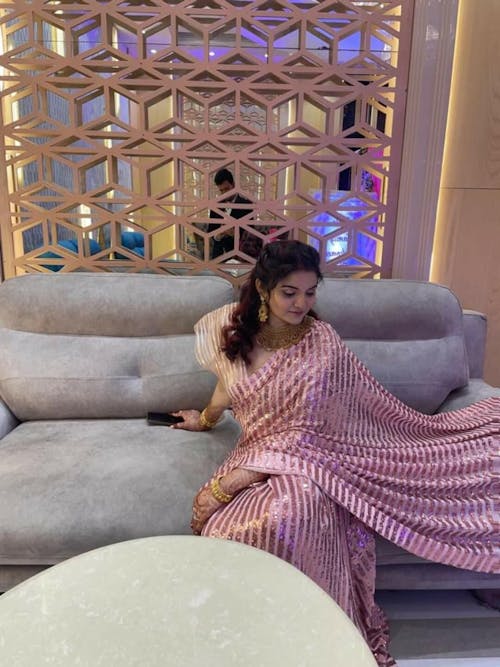 Pink Net Sequins Saree With Blouse Fabric