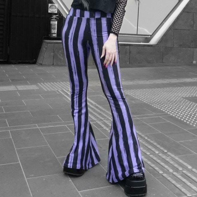 Distressed Black and Purple Striped Flare Pant Hellz Bellz