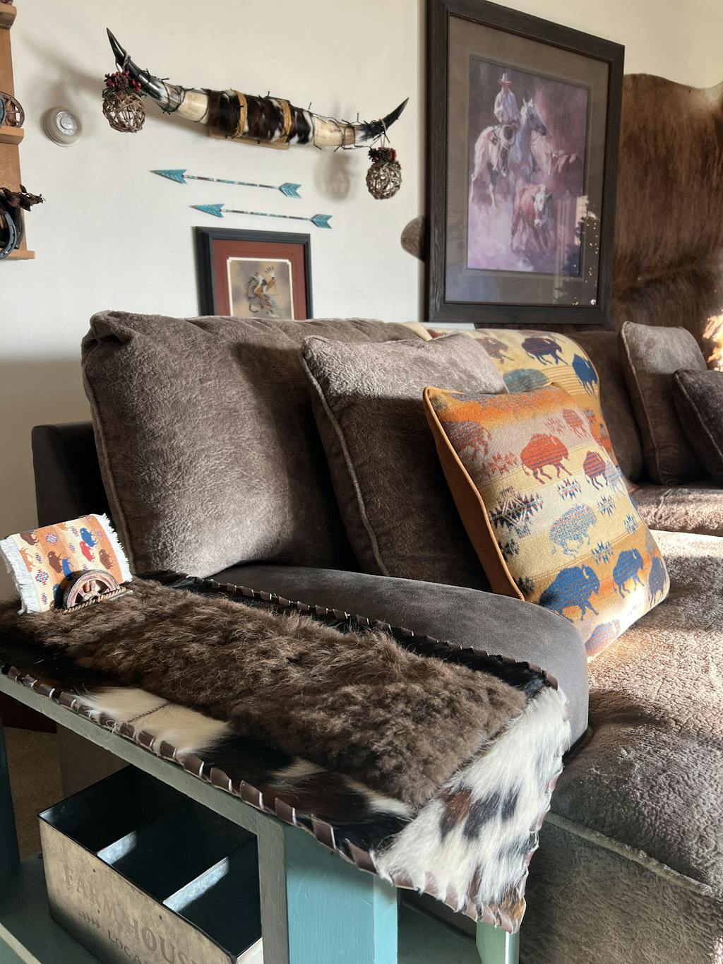 Cowhide & Bison Hair Table Runner | Patchwork Laced – Brown Speckle | 1' x 3'