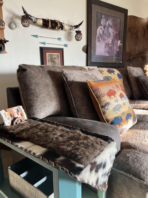 Bison/Cowhide Hair-On Table Runner | Patchwork & Laced Design Brown Speckle – 1' x 3' Feet