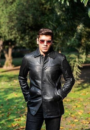 Victor Black Mens 3/4 Length Lambskin Leather Car Coat – Trendy Jacket