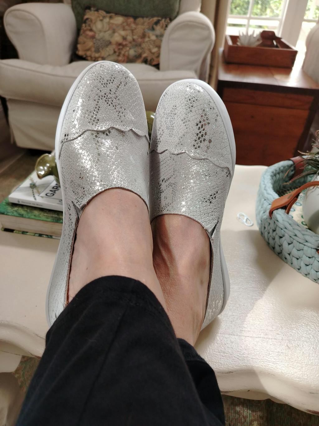 Fran Scalloped Leather Slip On's In Silver Snake