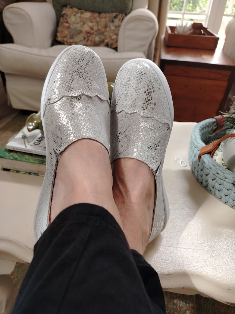 Fran Scalloped Leather Slip On's In Silver Snake