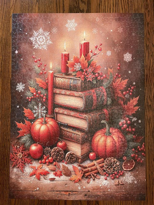 Autumn Candle Pumpkin Book Stack Jigsaw Puzzle