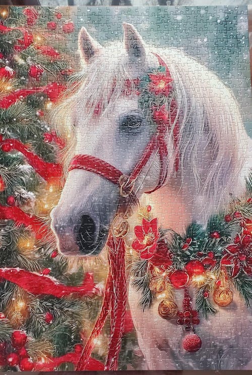 White Horse Christmas Garland Jigsaw Puzzle