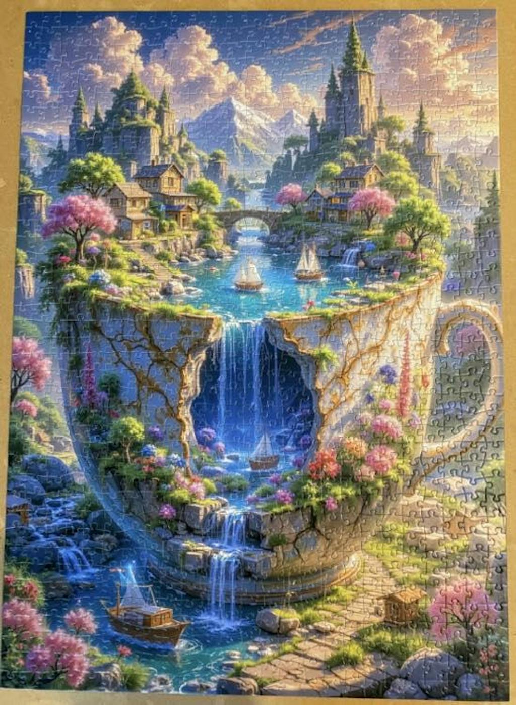 Fantasy Cliffside Village in Teacup Falls Jigsaw Puzzle