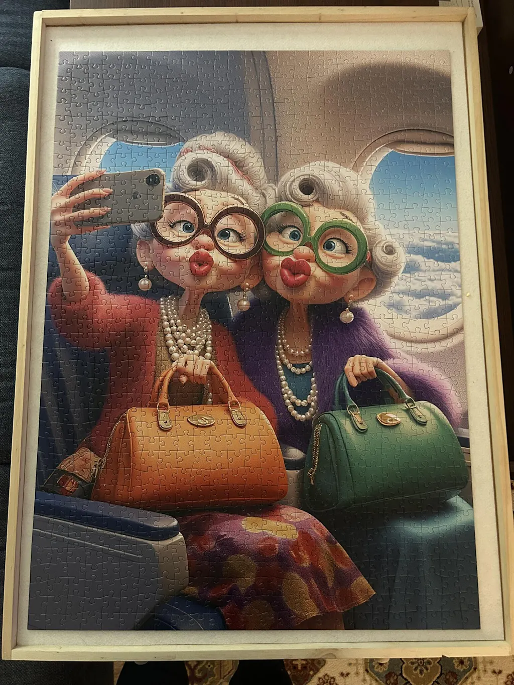Stylish grandmothers taking airplane selfie Jigsaw Puzzle