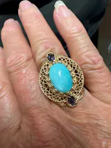 Filigree Genuine Amazonite and Amethyst Gemstone Ring