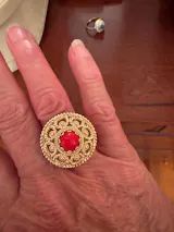 Vintage Gold Over Bronze Dome Ring with Filigree and Gemstone