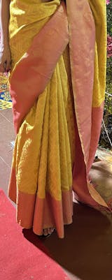 Yellow color silk saree having golden zari print