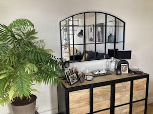 LusterArc- Arched Top Wide Metal Framed Window Style Mirror for Console or Dining Table Wall