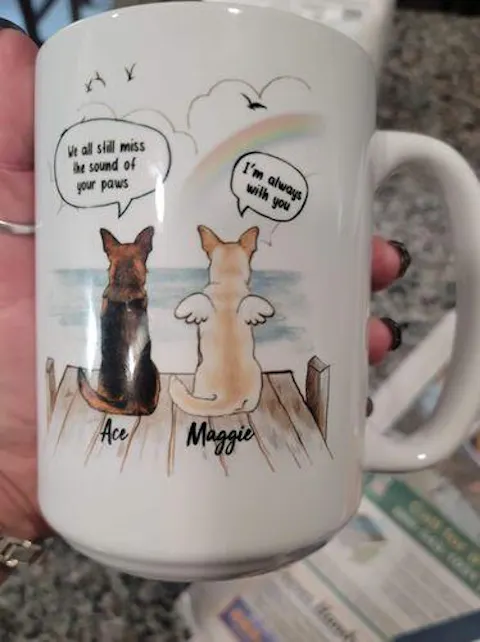 Pet Memorial Mug - Personalized Dog Memorial Gifts - Rainbow Bridge - They Still Talk About You Mug - Wooden Dock
