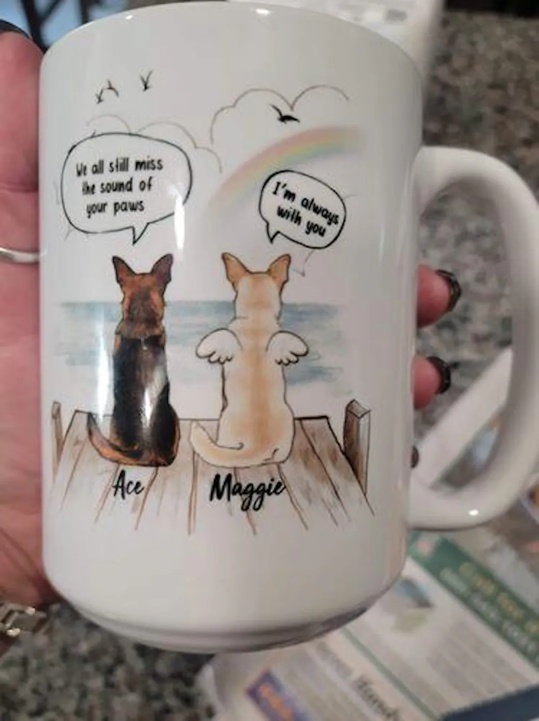 Pet Memorial Mug - Personalized Dog Memorial Gifts - Rainbow Bridge - They Still Talk About You Mug - Wooden Dock