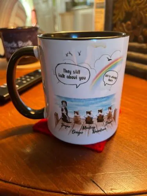 Pet Memorial Mug - Personalized Dog Memorial Gifts - Rainbow Bridge - They Still Talk About You Mug - Wooden Dock