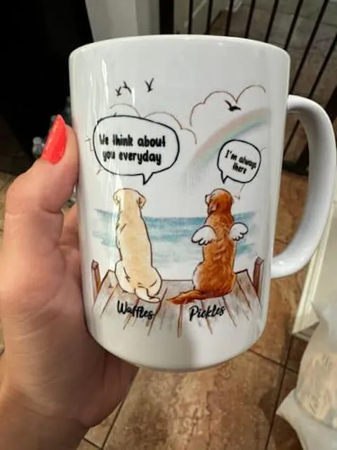 Pet Memorial Mug - Personalized Dog Memorial Gifts - Rainbow Bridge - They Still Talk About You Mug - Wooden Dock