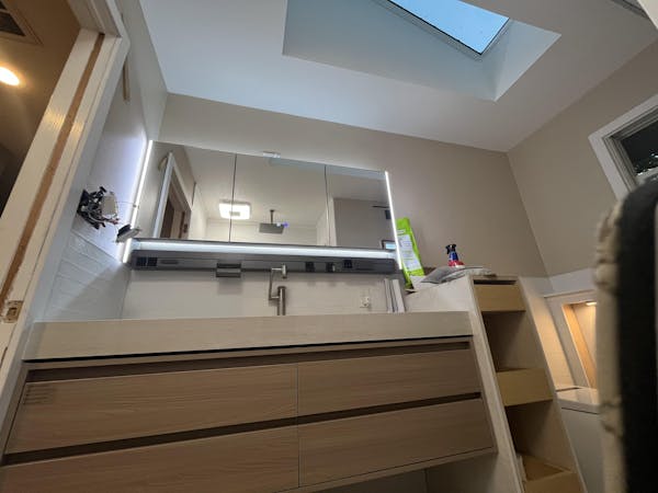 Modern Bath Vanity Set, Natural, White Slate Top, 40"- 72", Single, Floating, Smart LED Mirror, Rear Cabinet, Storage Rack