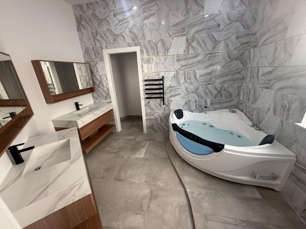 Modern Bath Vanity Set, Brown, Joint White Top, 40"- 72", Single, Floating, Smart LED Mirror, Rear Cabinet