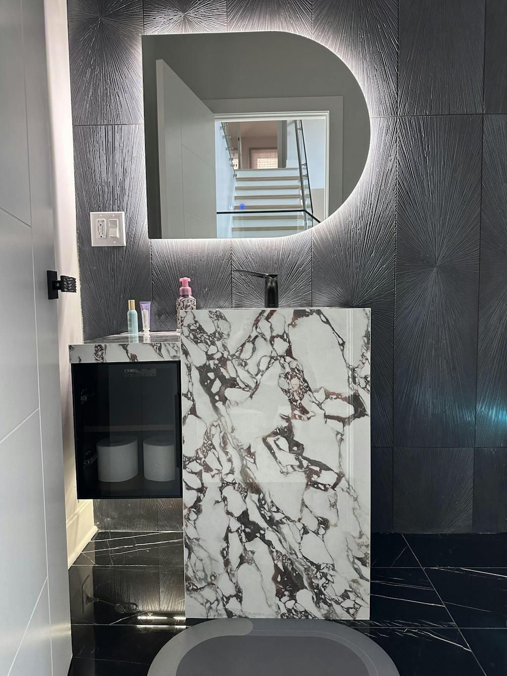 Modern Bath Vanity Set, White, Textured Column, 32"- 72", Single, Freestanding, Glass Door, Irregular Smart LED Mirror