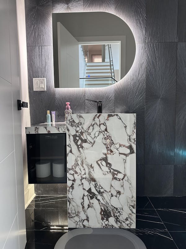 Modern Bath Vanity Set, White, Textured Column, 32"- 72", Single, Freestanding, Glass Door, Irregular Smart LED Mirror