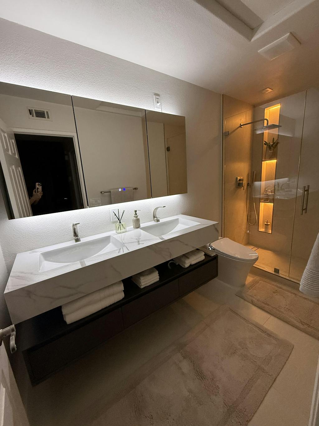 Modern Bath Vanity Set, Brown, Split White Top, Open Storage, 32"-60", Single, Floating, Glass Door, Smart LED Mirror, Line/Rear Cabinet