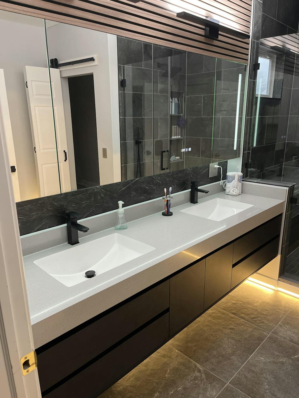 Modern Bath Vanity Set, Black, Sectional Storage, 52"- 78", Double, Floating, Smart LED Mirror, Rear Cabinet