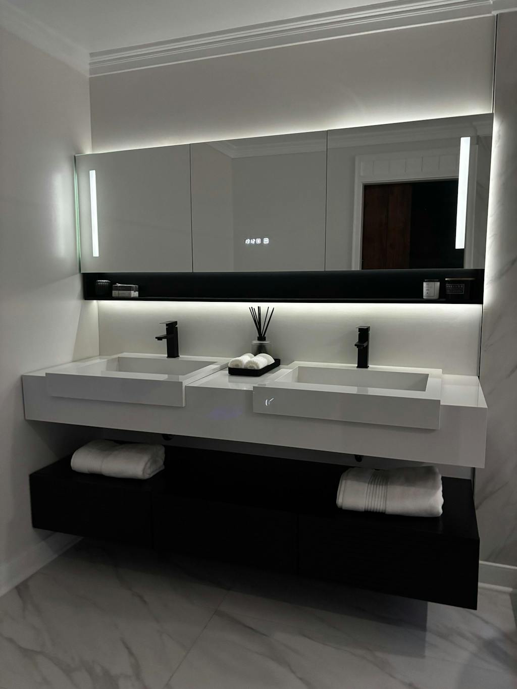 Elegant Bath Vanity Set, Black, Split White Top, 32"-68", Single/Double, Floating, Open Storage, Smart LED Mirror, Rear Cabinet