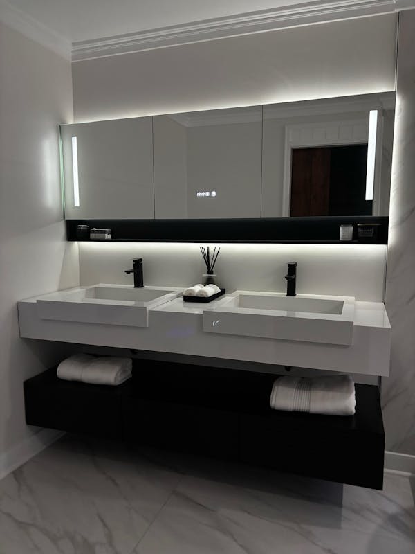Elegant Bath Vanity Set, Black, Split White Top, 32"-68", Single/Double, Floating, Open Storage, Smart LED Mirror, Rear Cabinet