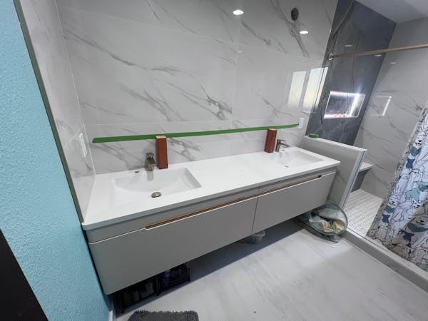 Modern Bath Vanity Set, Beige, Rounded Edge, 60"- 78", Double, Floating, Smart LED Mirror, Rear Cabinet, Storage Rack