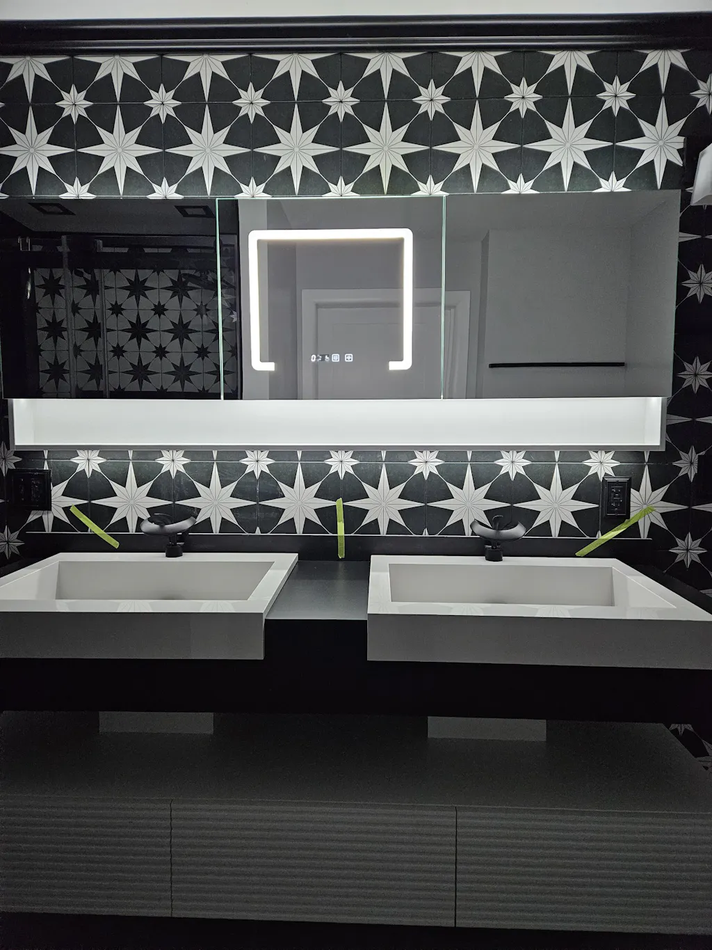 Elegant Bath Vanity Set, Black, Split White Top, 32"-68", Single/Double, Floating, Open Storage, Smart LED Mirror, Rear Cabinet
