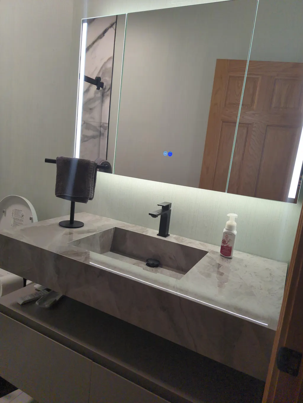 Modern Bath Vanity Set, Gray, Beige Slate Top, Open Storage, 36"- 64", Single, Floating, Smart LED Mirror, Rear Cabinet