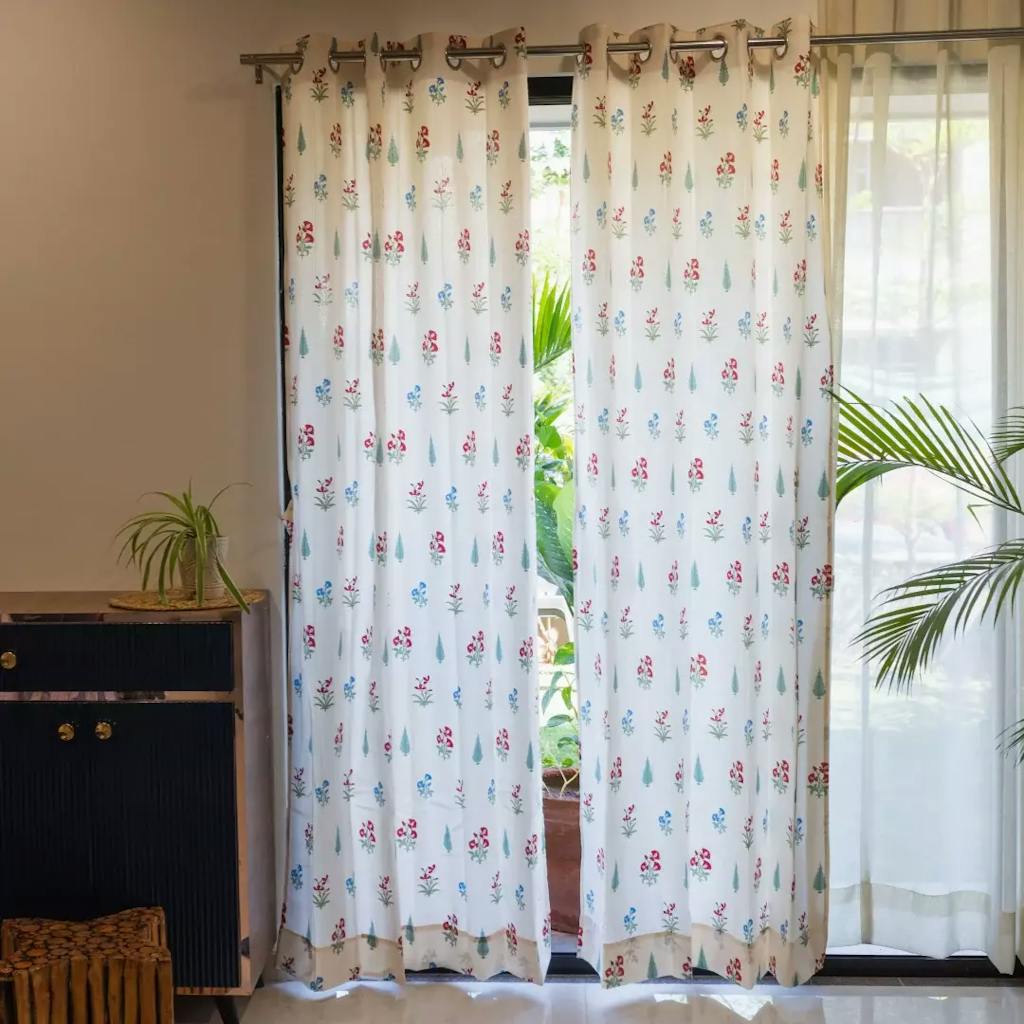 100% Cotton, room darkening ethnic curtains, Pack of 2 Curtains - High Garden Red