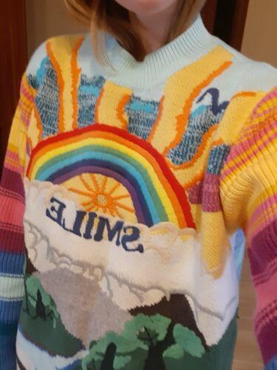 NEW Shumanqi Womens Colorful Rainbow LV Beaded Bear Knit Sweater oversize
