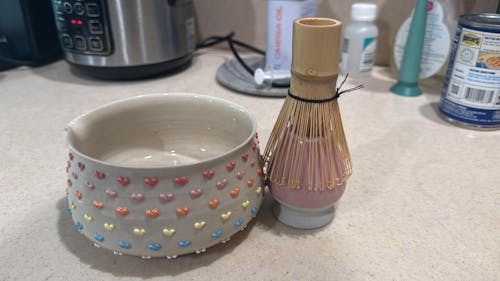 Kawaii Ceramic Matcha Bowl with Handmade 3D Colorful Hearts Design