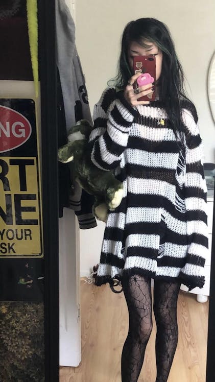 White/Black Striped Distressed Sweater – VampireFreaks