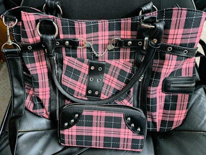 Lost Queen Red Royal Stewart Tartan Plaid Punk Rock Purse with Handcuf