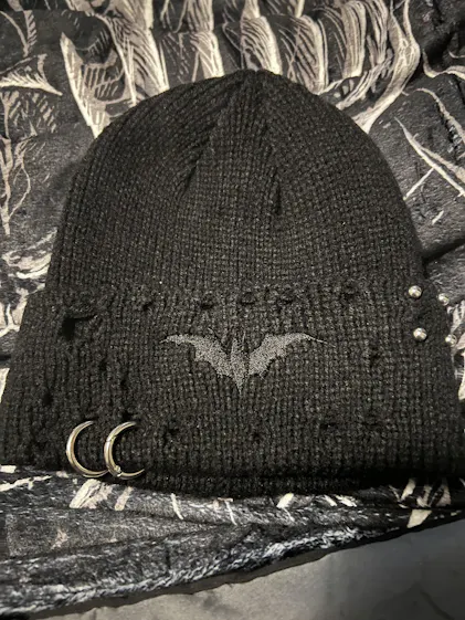 Distressed Pierced Beanie [Black Bat] – VampireFreaks
