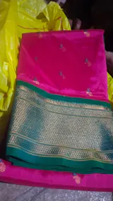 Maharani Paithani Saree Silk Blend with Copper Zari Border and Peacock Pallu, 6 Meter Saree for Wedding, Festivals | Neha Hot Pink & Rama