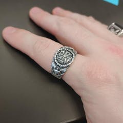 Vegvisir Symbol with Raven Style Sterling Silver Norse Ring
