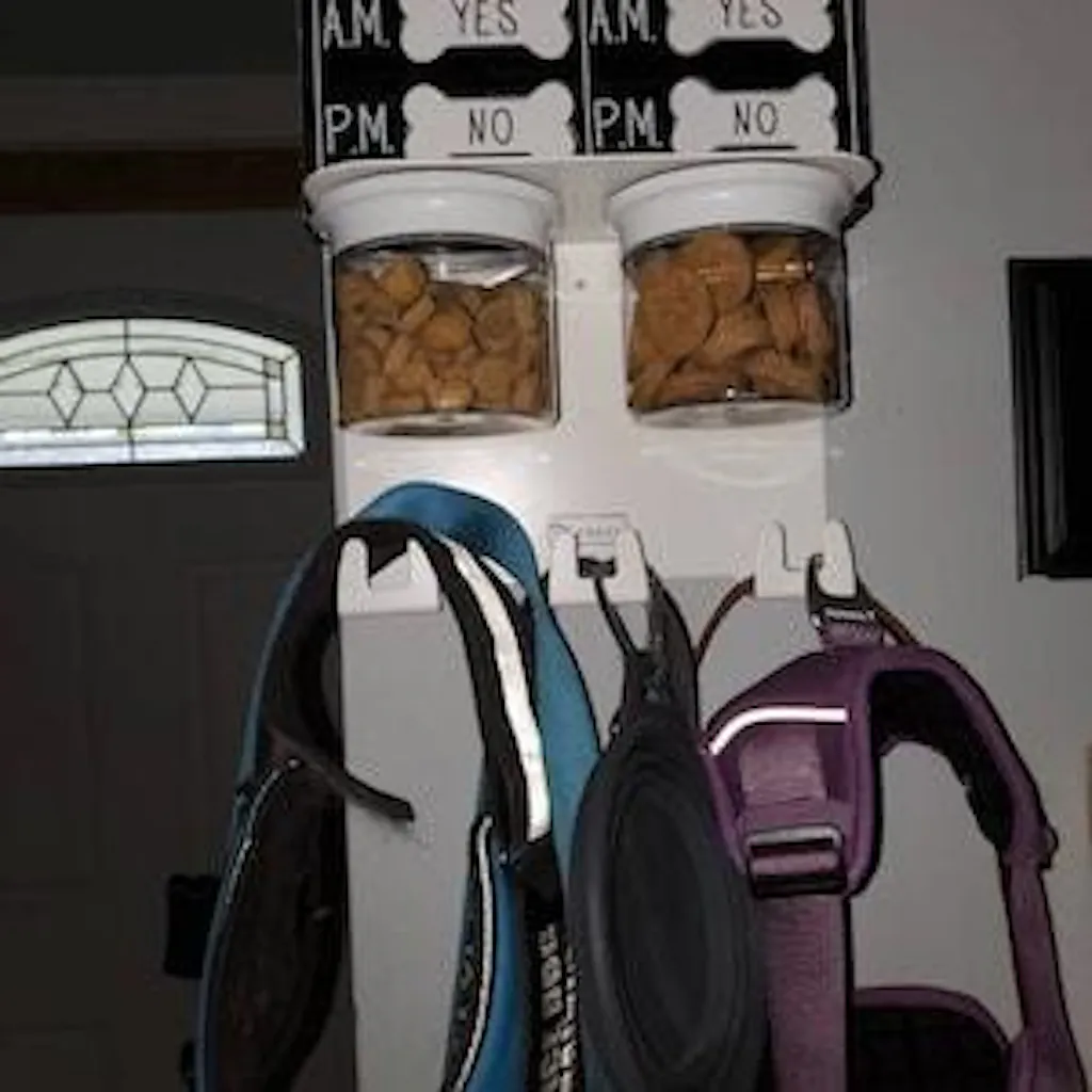 Dog Leash Holder for Wall with 9" Dog Shelf, Deep Dog Hooks and 2 Small 16oz Airtight Dog Treat Containers, Dog Stuff Organizer and Storage